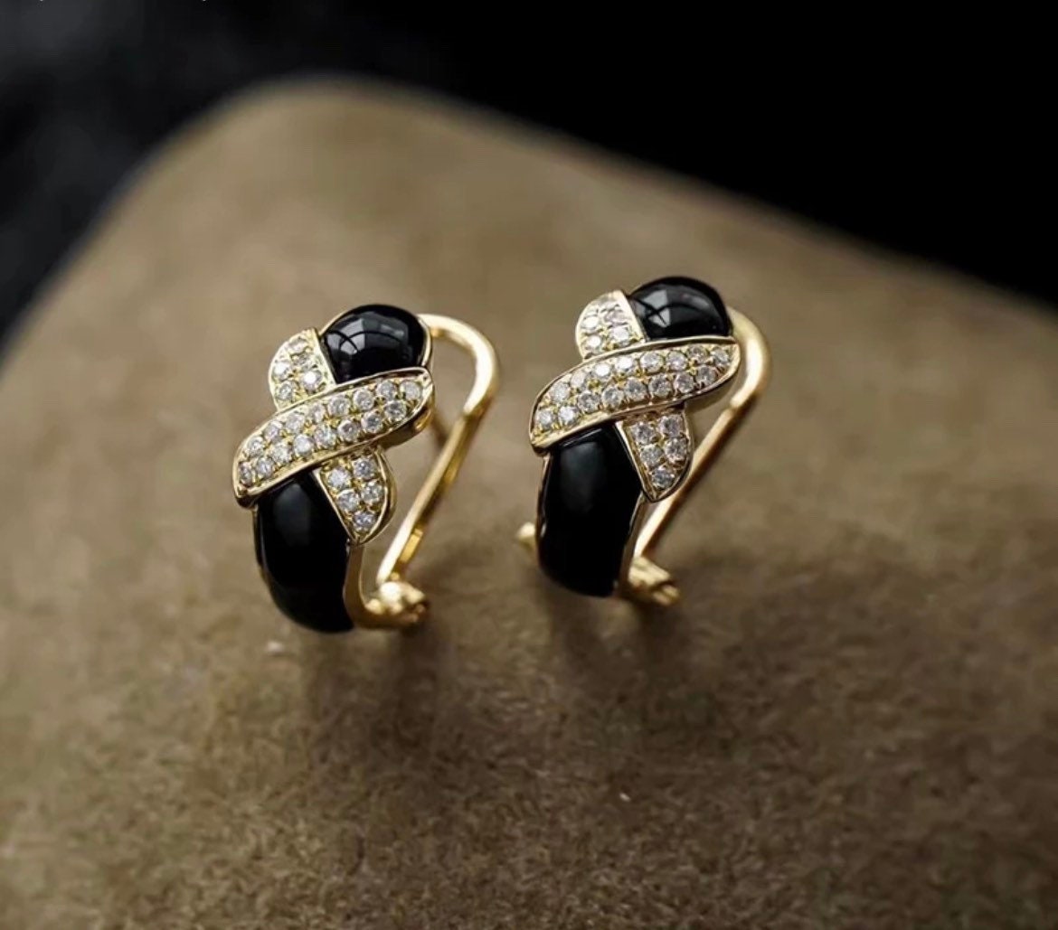 Natural Diamond and Onyx Clip On Earrings