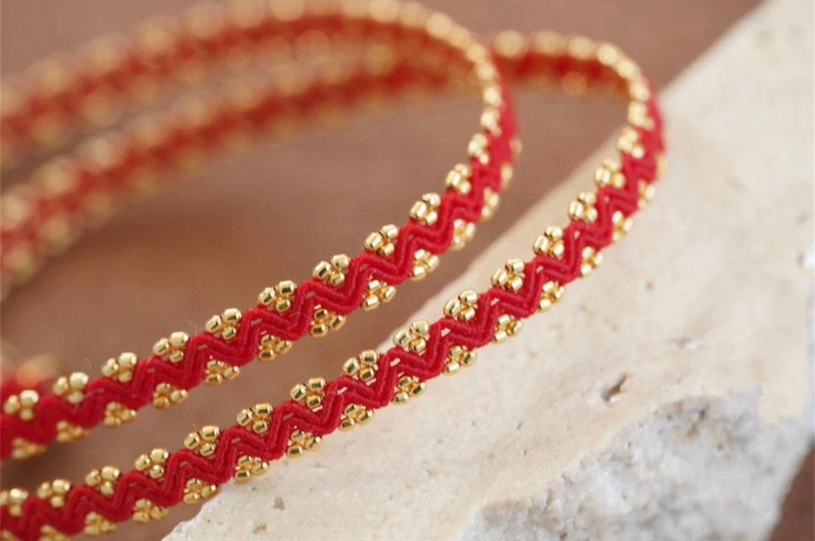 Product Detail:  18k Gold 2mm Bead Red Silk Cord Spring Ring Clasp With extension  Tigger Clasp with Extension  O/S