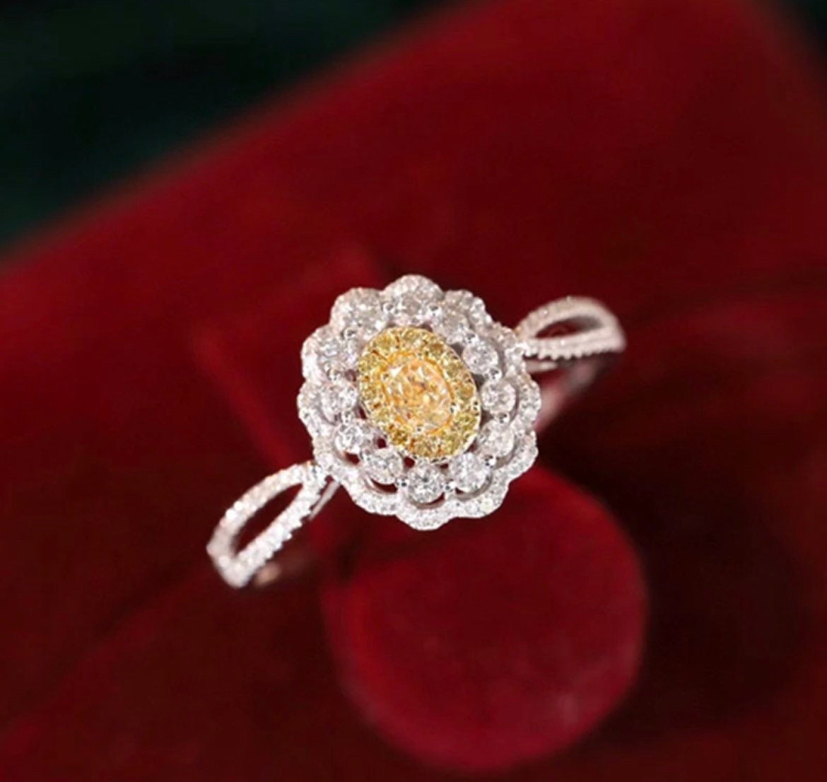 Product Detail:  18k White Gold Weight 1.80g(varies by size) 0.13ct Natural Yellow Diamond  0.42ct Natural Diamond SI Clarity Color H